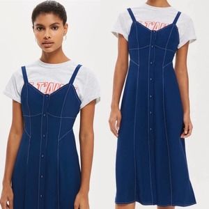 TOPSHOP Top Stitch Corset Blue Midi Dress